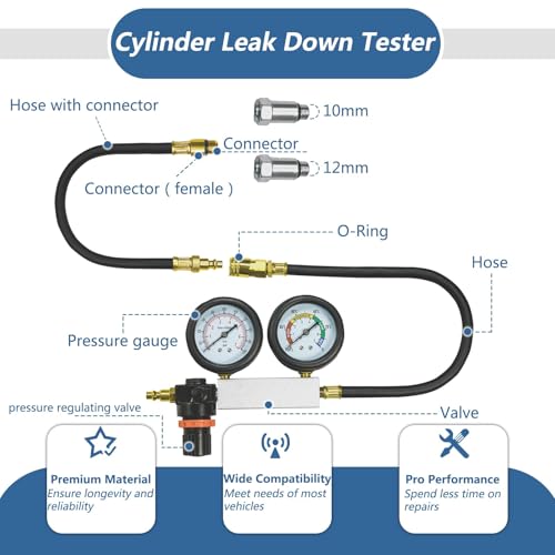 Cylinder Leak Down Tester Kit Compression Leakdown Detector Leakage Test Set for Gasoline Engine Leak Detection Tester Kit Dual Pressure Gauges(Red) - color: Red