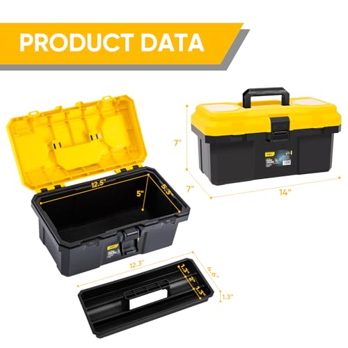 14 Inch Tool Box with Lock, 2-Layer Heavy-Duty Organizer with Removable Tray, Liftable Lid for Small Parts, 16lb Capacity & Carry Handle for Tools, Camping, Medical Supply Storage - size: 14“