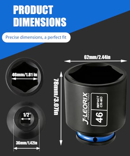 1/2" Drive 46mm Deep Impact Socket, 6-Point CR-MO Steel | CR-MO steel impact socket set. 1/2" drive, 6-point design. Deep reach for lug nuts & axle nuts. - size: 46mm