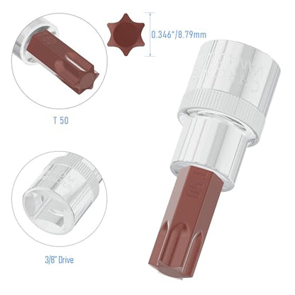 2PCS 3/8" Drive T50 Torx Bit Socket, S2 Steel Bits, Heat Treated CR-V Steel Star Sockets 1.9" Length - size: T50