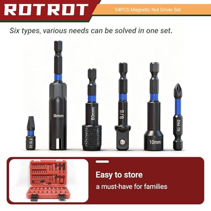 54-Piece Magnetic Nut Driver Set, Impact Drill Driver Bit 1/4", Metric & SAE Nut Drivers for Impact Drill, Socket Adapters, Screwdriver Bit, Quick-Release Extension, Wing Nut Driver, Storage Box - size: 54-Piece Magnetic Nut Driver Set