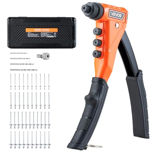 VEVOR Pop Rivet Gun Kit, with 200 Blind Rivets, Heavy Duty Single Hand Riveter with 4 Interchangeable Nosepieces, 4 Drill Bits, and a Carrying Case, Manual Riveting Tool for Metal, Automotive, Home - size: 9", style: RIVET GUN