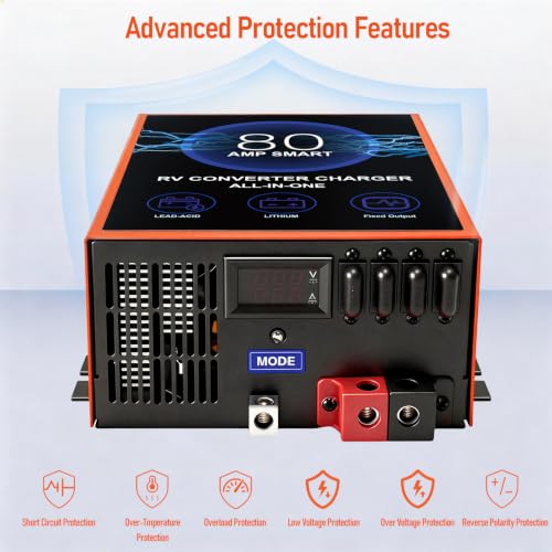 80 Amp RV Power Converter, 120V AC to 12V DC RV Converter Battery Charger, Compatible With Lithium Batteries Lead-Acid Batteries, Adjustable Voltage 13V-16.5V, Suitable for RV, Boat & Off-Grid Systems