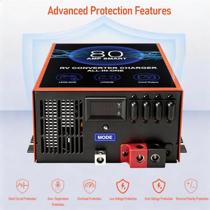 80 Amp RV Power Converter, 120V AC to 12V DC RV Converter Battery Charger, Compatible With Lithium Batteries Lead-Acid Batteries, Adjustable Voltage 13V-16.5V, Suitable for RV, Boat & Off-Grid Systems