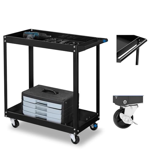 TUFFIOM 2 Tier Rolling Tool Cart, Industrial Service Cart on Wheels w/2 Brake,Heavy Duty Steel Utility Cart,Tool Organizer for Mechanic,Garage,Workshop,Warehouse & Repair Shop - color: Black(2-tier)