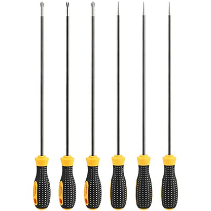 SEUNMUK 6 PCS 12 Inch long Magnetic Precision Screw Driver Tool Set, 3 Flat Head and 3 Cross Head Screwdriver Set, Magnetic Long Screwdriver Set with Rubber Handle