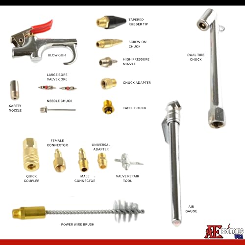 ATE Pro. Tools - 18pc Air Compressor Accessories Kit, Includes Blow Gun, Tire Inflator, Brass Fittings, Brass 1/4" NPT Fittings, Inflation Needles, Wire Brush, Quick Coupler, Adaptors, Air Gauge