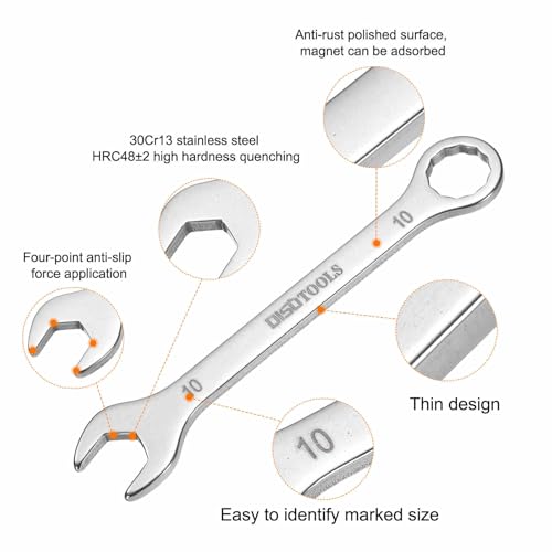 HARFINGTON 2pcs Thin Combination Wrench 10mm Offset 6-Point Ended Box & 15° Angled Open End Mini Combination Wrench 30Cr13 Stainless Steel Quenching Polish Metric Spanner for Auto Repairs - size: 10mm