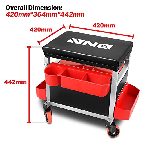 DNA Motoring TOOLS-00198 Adjustable Height Mechanics Roller Seat Creeper Stool With Padded Cushion, Tool Storage Drawer & Tray, 350 Lbs Max Weight Capacity - color: BLACK/RED