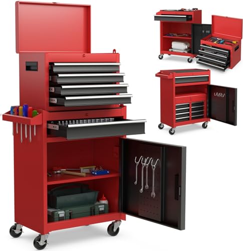 Goplus Tool Chest, 5-Drawer Rolling Tool Storage Cabinet with Detachable Top Tool Box, Liner, Universal Lockable Wheels, Adjustable Shelf, Locking Mechanism, Metal Tool Cart for Garage Workshop - color: Red+black, style: 5 Drawers