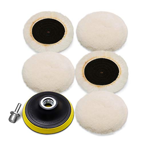 Wool Cutting Pad, Wool Buffing Polishing Pad Set, SPTA 7Pcs 3Inch (80mm) Buffing Wheel for Drill Lambs Wool Hook and Loop for Compound Cutting & Polishing for Car Polisher