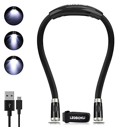 LEDBOLIK Neck Reading Light Black, 660mAh Rechargeable Book Light for Reading in Bed – 6 Brightness, Bendable Arms, Hands Free for Knitting, Crocheting - color: 660mAh Black