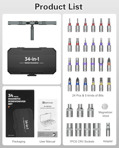 Bomivoi 34 in 1 Magnetic Screwdriver Set, Ratcheting Screwdriver Set with 1/4″ Socket Adapter, 24 Bits & 7 Hex Sockets, Modular Handle, DIY Tool Kit for Furniture, Appliance, Bicycle, Auto Repairs