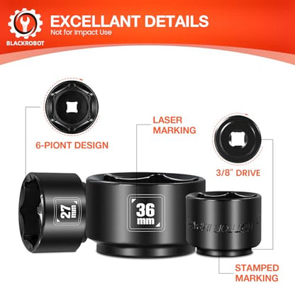 BLACKROBOT 5 Pieces 3/8” Drive Low Profile Oil Filter Socket Set, Metric Size 24mm, 27mm, 29mm, 32mm, 36mm, Chrome Vanadium Steel, 6 Point Design, Oil Filter Cap Remover and Installer Tool Set - size: 24mm-36mm