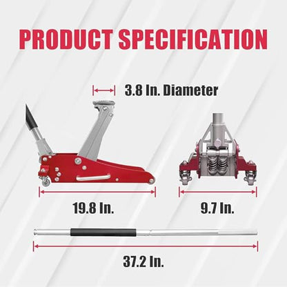 1.5 Ton (3,300 lbs) Low Profile Aluminum Hydraulic Racing Floor Jack with Dual Piston Quick Lift Pump, Lifting Range 3.5" to 14", for Cars and Family sedans, Red