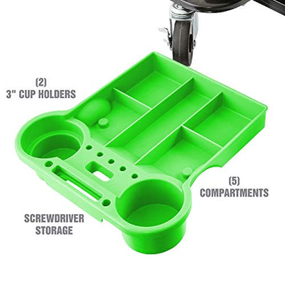 OEMTOOLS 24986 Heavy-Duty Rolling Workbench and Creeper Seat, Mechanics Stool with Wheels, Creepers, Shop Stools with Wheels, Automotive, Green and Black 300 LB Capacity | Molded Creeper Seat & Frame, 4 Multi-Purpose Cup Holders, Sliding Front Drawer for