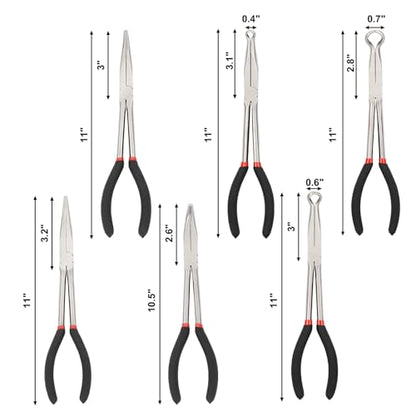 Mayouko 6PCS Extra Long Reach Pliers Set, 11" Straight, 45 and 90 Bent Nose, 5/16", 1/2" and 3/4" Circle Nose Pliers - style: 6PCS