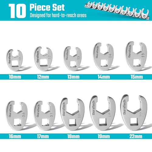 DURATECH 10-Piece 3/8" Drive Crowfoot Wrench Set, Flare Nut Wrench Set | Metric, 10mm-22mm, Designed for Tube Nuts and Flare Fittings on Brake, Fuel and A/C lines, 5-Point Grip, with Storage Rail