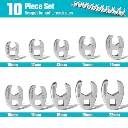 DURATECH 10-Piece 3/8" Drive Crowfoot Wrench Set, Flare Nut Wrench Set | Metric, 10mm-22mm, Designed for Tube Nuts and Flare Fittings on Brake, Fuel and A/C lines, 5-Point Grip, with Storage Rail