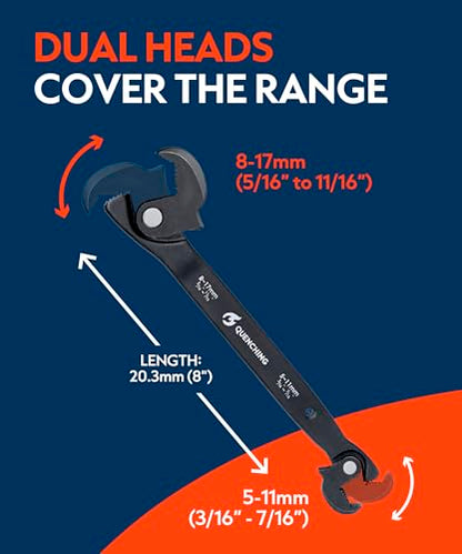 QUENCHING Self-Adjusting Crowfoot Wrench, 5–17mm (3/16”–11/16”), Slim Profile for Tight Spaces, Single Tool Alternative for Tight-Access Fasteners - size: 8" Dual Head Wrench