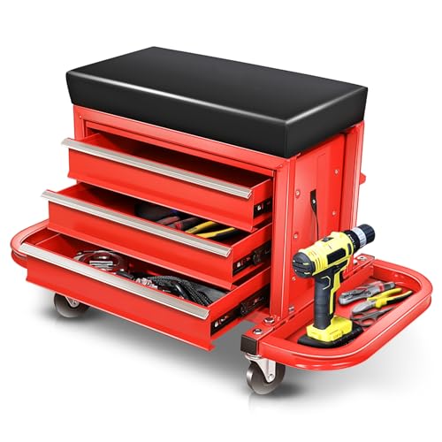Auto Dynasty Mechanic Rolling Seat, 3-Drawer w/Tool Tray, 350LBS, Red | Heavy-Duty Steel Frame, 4 Swivel Casters, Padded Cushion, 3 Storage Drawers & Tray, for Garage/Workshop/Warehouse/Repair Shop - color: Red