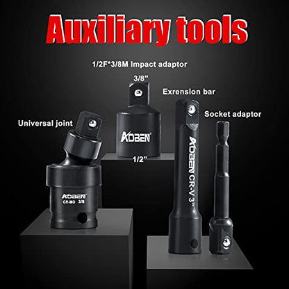 AOBEN 3/8-Inch Drive Impact Socket Set, 49 Pieces,6 Point (5/16" - 3/4", 8mm - 22mm), Deep/Shallow, Includes 3", 6" Extension bars, Universal Joint, 1/2" to 3/8" adaptor, 3/8" Inch Socket Adapter - size: 3/8-Inch 49PCS