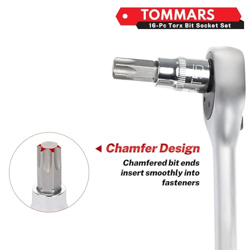 TOMMARS 16-Piece 3/8" Drive Conventional Torx Socket Set | T10, T15, T20, T25, T30, T40, T50, and T55, Long Torx Bit Socket Set ,S2 Alloy Steel - style: Torx Bit Socket