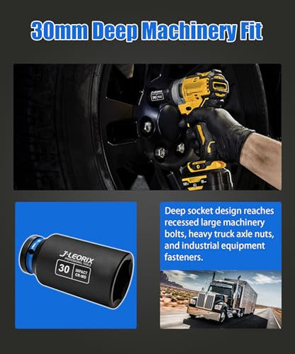 30mm Deep Impact Socket 1/2" Drive CR-MO Steel 6-Point | CR-MO steel impact socket set. 1/2" drive, 6-point design. Deep reach for lug nuts & axle nuts. - size: 30mm