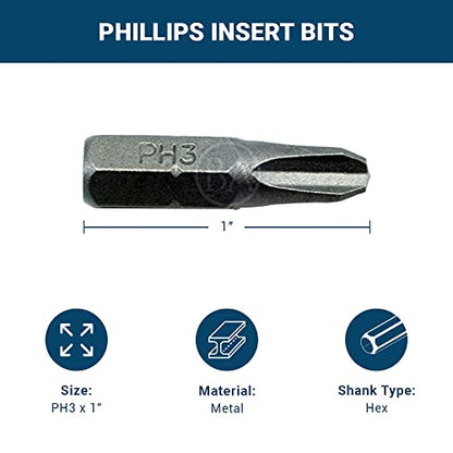 Benchmark Abrasives 1/4 Inch Hex Anti Slip Phillips Insert Screw Head Screwdriver Bits, Rotary Drill Bits for Repairing Electronics, Automotive Parts, Furniture (50 Pack) - (PH3 x 1") - size: PH3 x 1"