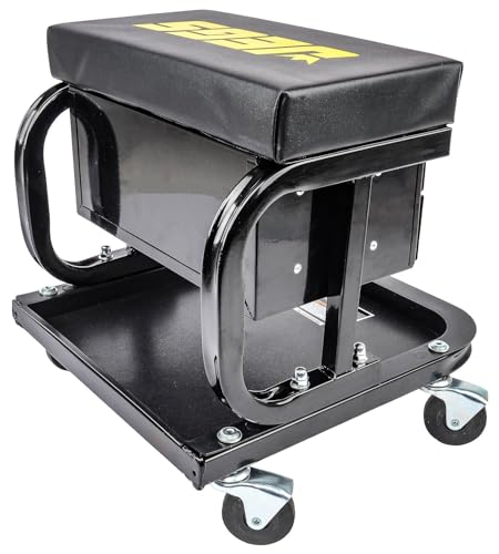 JEGS Mechanic Seat With Drawers and Tool Tray | 300 LBS Capacity | Black Finish with JEGS Logo | Padded Seat | 4 Caster Wheels