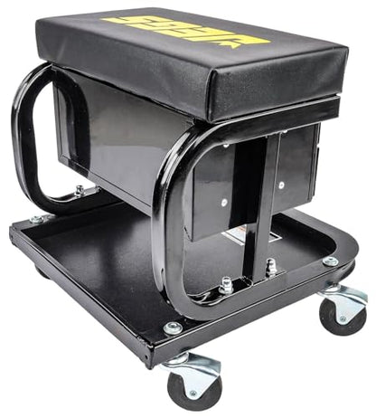 JEGS Mechanic Seat With Drawers and Tool Tray | 300 LBS Capacity | Black Finish with JEGS Logo | Padded Seat | 4 Caster Wheels