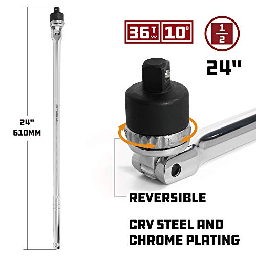 Powerbuilt 1/2 Inch Drive Ratchet Breaker Bar Hand Tool, Long Reach 24 Inches, Grip and Break Loose Tight Bolts, Nuts - 641700