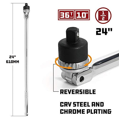 Powerbuilt 1/2 Inch Drive Ratchet Breaker Bar Hand Tool, Long Reach 24 Inches, Grip and Break Loose Tight Bolts, Nuts - 641700