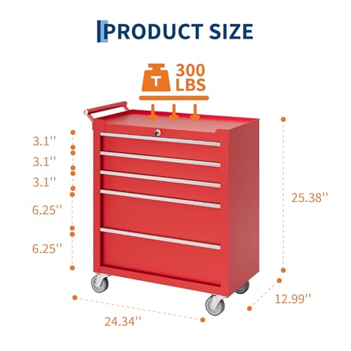 Rolling Tool Box with Wheels – 5 Drawer Heavy Duty Tool Chest Cabinet, Lockable Portable Storage Organizer with Drawer Liners, Mobile Mechanic Toolbox for Garage, Workshop, Shop, Easy Assembly, Red