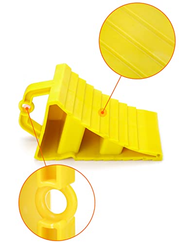 QWORK RV Wheel Chocks, 4 Pack Heavy Duty Car RV Tire Chocks Camper Chocks with Handle and Rope, Car Truck Stopper for Travel Trailers, Camper, Cars, Truck, Yellow