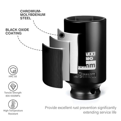 29mm Socket 1/2" Drive Deep 6 Pt CR-MO Metric Impact Socket for Axle Shaft Nut Removal - size: 29mm, style: 1/2" Drive Deep
