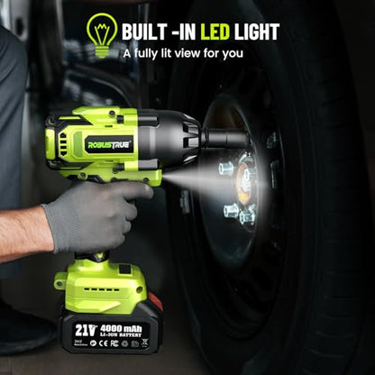 Robustrue Cordless Impact Wrench, 885Ft-lbs (1200N.m) 1/2" Brushless Impact Gun, 21V High Torque Power Impact Driver, 2x4.0Ah Batteries Electric Impact Motor Variable Speeds for Car/Truck RV/Mower - size: 1200N.m