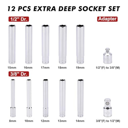 CASOMAN 12 PCS 3/8-Inch & 1/2-Inch Drive Extra Deep Socket Set with Storage Case, 6 Point, 8mm to 19mm, Metric, CR-V, Include Adapters