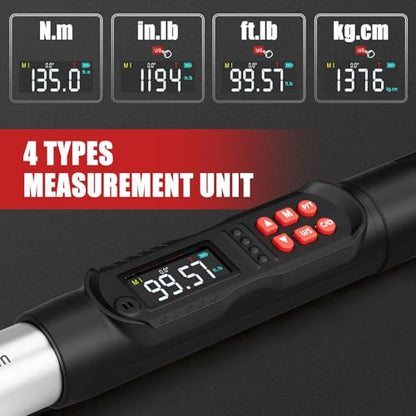 VANPO 3/8 Drive Digital Angle Torque Wrench 5-99.6 Ft.lb, ±2% Accuracy | 6.8-135 Nm Electronic Torque Wrench, Buzzer LED Vibration Alarm, Perfect Tools for Car, Motorcycle & Engine Repair - size: 5-99.5 ft.lb/6.8-135 N.m (3/8-Inch)