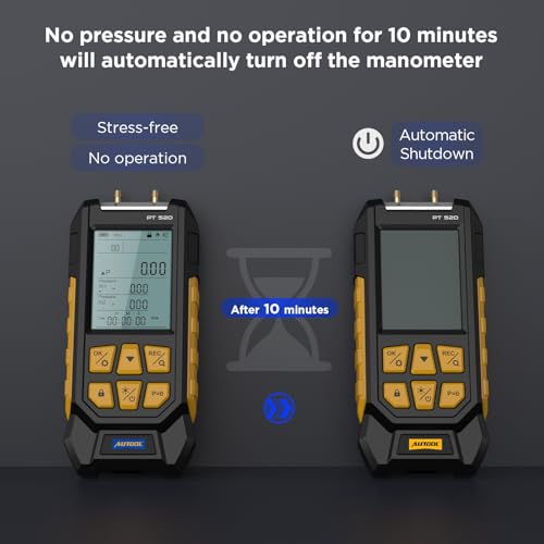 AUTOOL Manometer Gas Pressure Tester,Digital Manometer HVAC,10 Units Differential Dual Port Pressure Gauge -100 to 200Kpa,Data Zeroing with Backlight LCD Display
