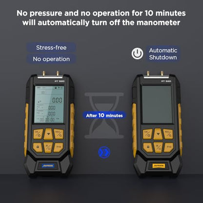 AUTOOL Manometer Gas Pressure Tester,Digital Manometer HVAC,10 Units Differential Dual Port Pressure Gauge -100 to 200Kpa,Data Zeroing with Backlight LCD Display