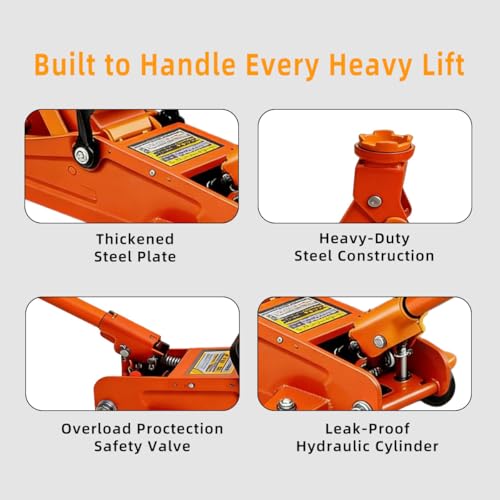 Low Profile Hydraulic Floor Jack, 2 Ton, 5-1/8"-13" Lift | 4000LB Capacity, Overload Safety Valve, Swivel Casters, Heavy-Duty Steel, For Sedans, SUVs Trucks
