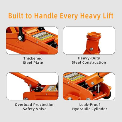 Low Profile Hydraulic Floor Jack, 2 Ton, 5-1/8"-13" Lift | 4000LB Capacity, Overload Safety Valve, Swivel Casters, Heavy-Duty Steel, For Sedans, SUVs Trucks