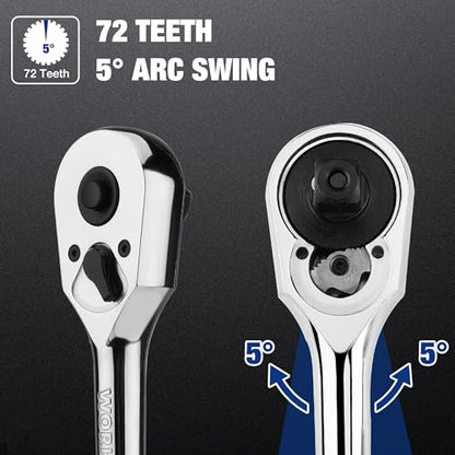 WORKPRO 3/8-Inch Drive Ratchet, Quick-Release 72-Tooth Ratchet Wrench | Reversible 3/8 Drive Ratchet Handle, Chrome Alloy Made, Cr-Mo Head, Full Polished - size: 3/8"