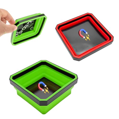Yourkar 2 PCS Collapsible Magnetic Parts Tray, 4.5 Inch Foldable Magnetic Square Silicone Tray, Tool Tray Set with Double-Sided Magnetic Base for Screw Bolts Nuts Pins, Car Accessories (Green+Red) - color: Green+Red, 2 PCS
