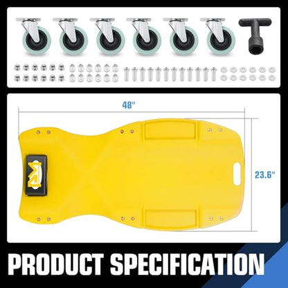 PM PERFORMOTOR Inches Heavy-Duty Low-Profile Roller Automotive Creeper with Padded Headrest, Yellow, PM-TOL-CPC48-YL - size: 48 Inches