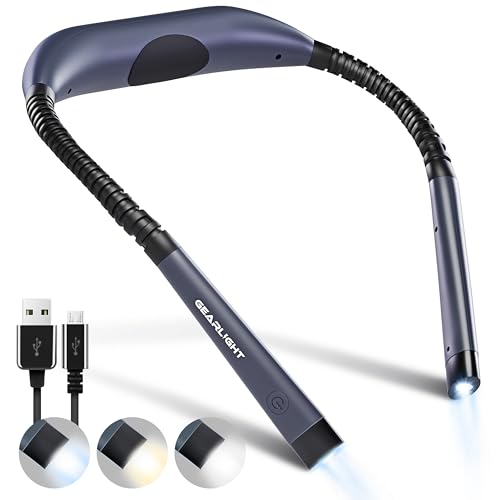 GearLight Rechargeable Book Light for Reading in Bed – Hands-Free LED Neck Light with 3 Light Modes, Adjustable Brightness, for Reading, Knitting, Crochet, Crafts, Sewing & Travel – 1 Pack - color: Gray, style: Hands-Free (1-Pack)