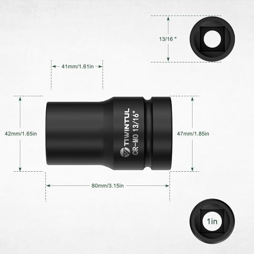 13/16" Impact Socket 1" Drive, for Truck Axle Nuts & Hub Removal | Square, 6 Point Design, CR-MO ANSI Certified, Heavy Duty Socket 1 Inch Drive for Suspension & Heavy Equipment Maintenance - size: 13/16'' (1 PCS)