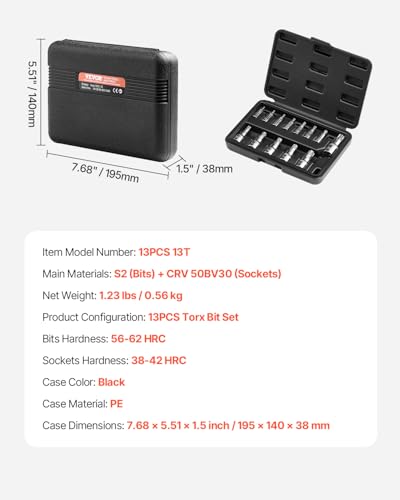 VEVOR Torx Bit Socket Set, 13-Piece Star T8 - T60 Set, S2 Alloy Steel and Cr-V Steel, 1/4 in, 3/8 in, and 1/2 in Drives, with Enhanced Storage Case, Torx Sockets for Hand Use, Mechanics, Auto Repair - style: 13 PCS Torx