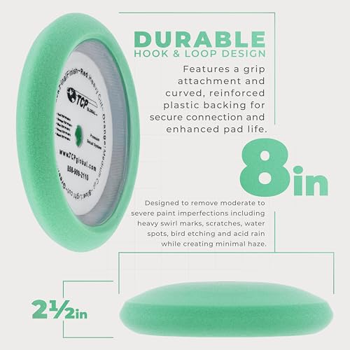 TCP Global 8" Green Foam Buffing Pad Final Cut Polish Hook and Loop Backing - Buffing Pad for Automotive, Marine, Truck, RV & Compound Cutting - color: Green